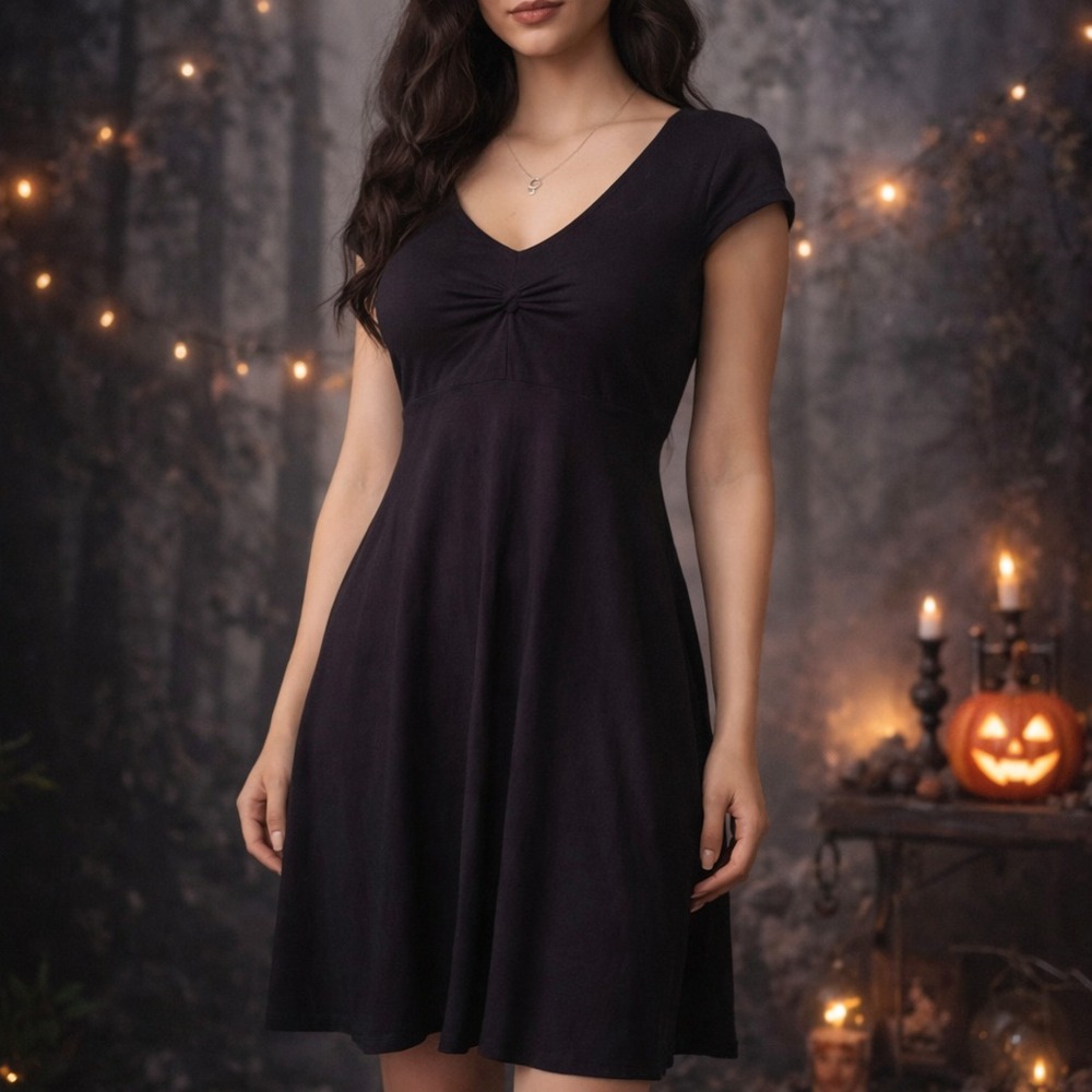 Toad & Co Rosemarie‎ Black Fit Flare Dress M Organic Cotton Cap Slv Whimsigoth